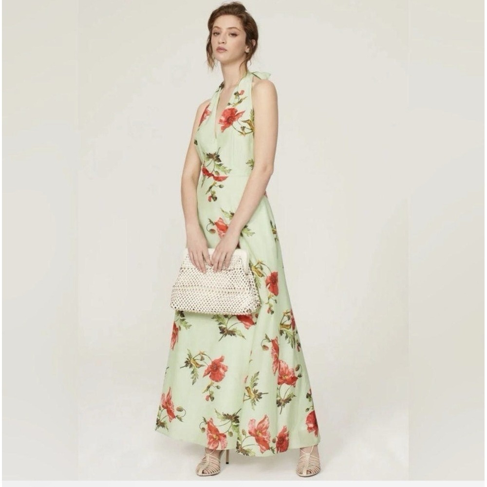 L.K. Bennett Women Dress Maxi Size 4  Green‎ Floral  V-Neck Backless Lined - Picture 4 of 16